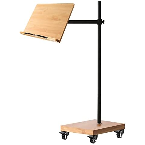 Wishacc Book Stand for Reading, Rolling Extra Large Lectern Stand with Wheels, Bamboo and Metal Build, Height Adjustable, 180 Degrees Swing (15.4 x 11 Inches) Cover