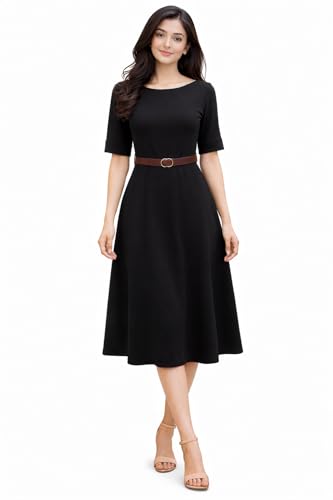 Image of Women's Elegant Midi Dress with Belt | Half Sleeve Fit & Flare Casual Dress | Knee Length Office Party Western Dress for Women