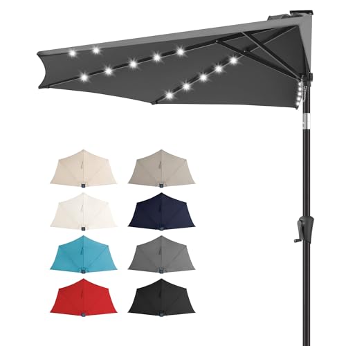 FLAME&SHADE 9 ft Solar Half Patio Umbrella with Lights, Anthracite