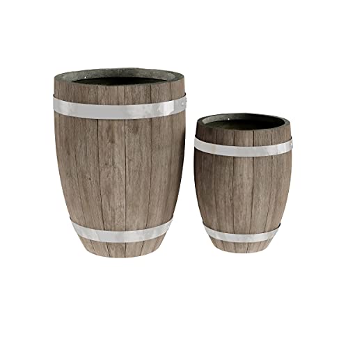 Pure Garden Plant Pots - Lightweight Fiber Clay Whiskey Barrel Planter Flower Pots - 13” and 9.4” Dia Large Outdoor Planters - Plant Pot Set of 2