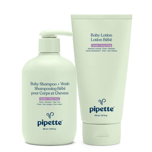 Image of Pipette Baby Bathtime Bundle - Vanilla + Ylang Ylang Shampoo + Wash and Baby Lotion, Tear-Free, Hydration & Natural Moisture of Baby's Delicate Skin, Renewable Plant-Derived Squalane, Sulfate Free