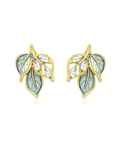 Watforsh 14k Gold Plated Enamel Teal Blue Leaf Stud Earrings Nature Earrings with Enamel Cubic Zirconia Fashion Plant Earrings for Women