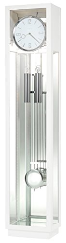 Howard Miller Whitelock Floor Clock, Beveled Glass Illuminated Case White Finish, White Dial Arabic Numerals with Triple-Chime Movement Chrome-Finished Pendulum Ideal for Home Decor & Office