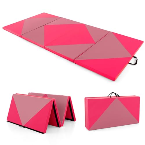 COSTWAY Colchoneta de Gimnasia Plegable 240 x 117 x 5 cm, Esterilla de Gimnasia de Piel PU para Ejercicio Aeróbico, Colchoneta Multifuncional para Gimnasio y Casa, Rosa Empolvado y Melocotón