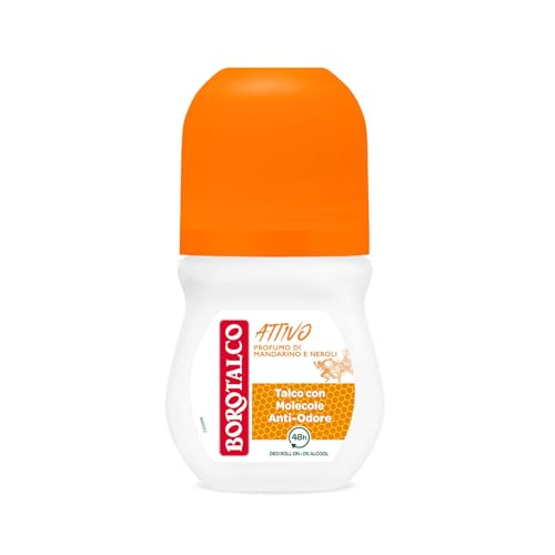 Borotalco, Deodorante Roll On Attivo Arancione, Formula Senza Alcool e con Talco con Molecole Anti-Odore, Efficacia Fresca, 48h di Efficacia, Profumo di Mandarino e Neroli - 1 Flacone da 50 ml