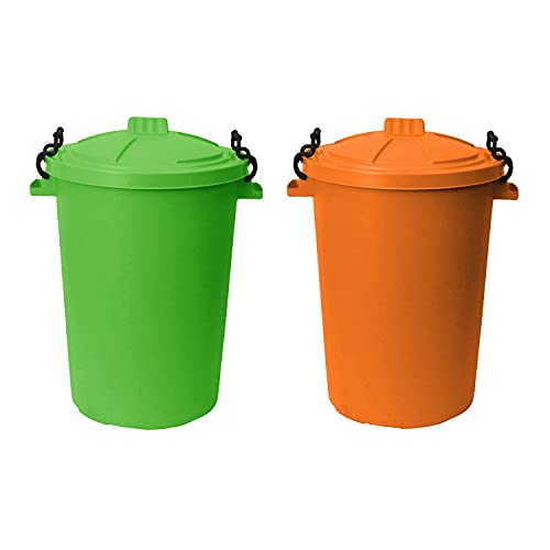 JMS we create smile (Set of 2) Lime Green and Orange 50 ltr Bin Heavy Duty Dustbin Plastic Storage Unit Refuse Waste Bin with Locking Lid Compose Recycled Rubbish Waste Animal Feed