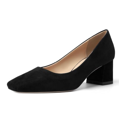 FOGEENA Womens Dress Comfortable Suede Leather Square Toe Slip On Wedding Chunky Low Heel Pumps Dress Shoes 2.2 Inch