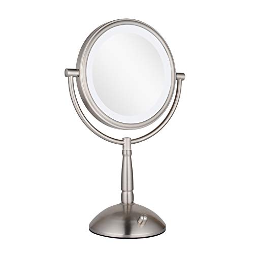 DOWRY 8 inch LED Lighted Vanity Mirror with 5X Magnification,Double Sided Round Makeup Mirror,AC Adapter and Battery Powered,Nickel Finish