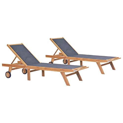 vidaXL Lot de 2 Chaises Longues Pliables et roulettes, Bain de Soleil, Sièges de Terrasse avec Dossier Jardin Extérieur, Teck Textilène