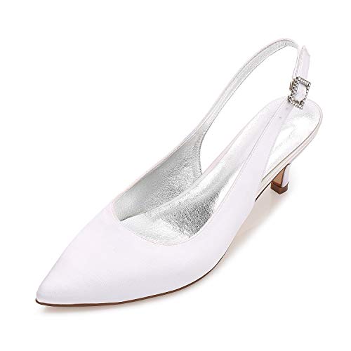 QZPM Brautschuhe Damen Hochzeit Schuhe Spitze Slingback Pumps Frauen Satin Kitten Heel Geschlossene Zehe Party Abend Pumps,Weiß,42 EU Cover