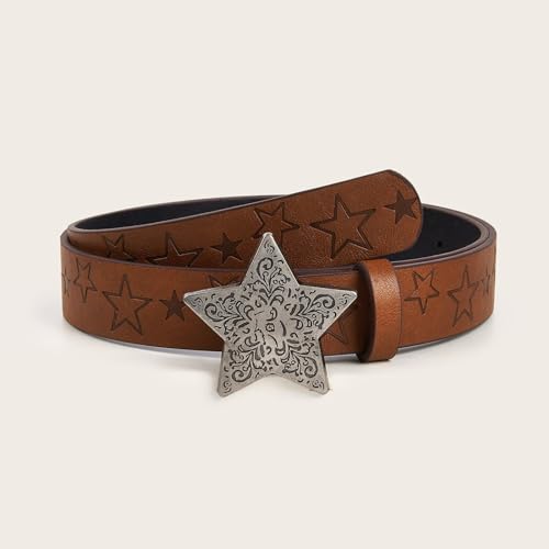 Western Cowboy Faux Leather Belts Star Pattern Buckle Waist Belt Vintage Engraved Embossed Waistband For Women Jeans3