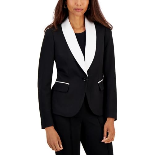 Kasper Womens Petites Contrast Trim Office One-Button Blazer B/W 8P Black/White