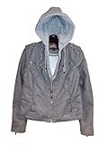 JOUJOU Women's Vegan Leather Jacket with Faux Fur Lining & Removable Fleece Inner Hoodie, Grey, X-Large