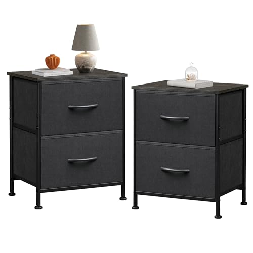 WLIVE Black Nightstand Set of 2, Night Stand with 2 Fabric Drawers, Small Dresser for Bedroom, Bedside Tables for Small Spaces, Dorm, Wood Top