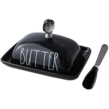 Oskas Halloween Themed Black Porcelain Butter Dish with Lid and Skull Knob, Butter Keeper with Cover for East West Coast Butter