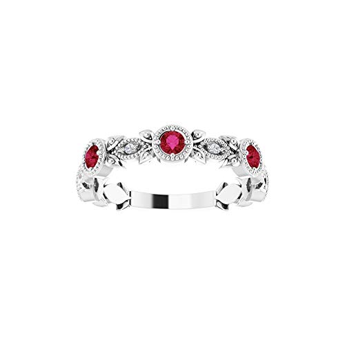 Solid Platinum Ruby And .03 Cttw Diamond Leaf Ring Band (Width = 4.4Mm) - Size 7 #TOP2