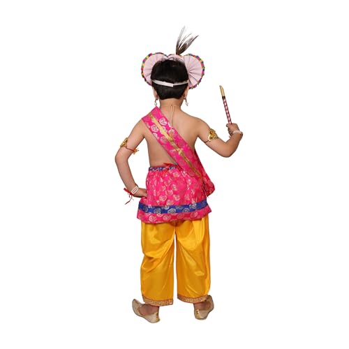 Image of Kaku Fancy Dresses Krishna Costume With Dhoti For Boy /Janmashtami /Bal Gopal Dress /Kanha Costume /Bal Krishna /Mythological Costume For Boy - Yellow-Red, 1-2 Years