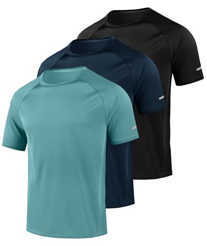 Little Beauty 3 Pack Mens Workout Shirts Fast Dry Athletic T-Shirts Moisture Wicking Running Gym Short Sleeve T Shirts Blue Navy Blue Black L