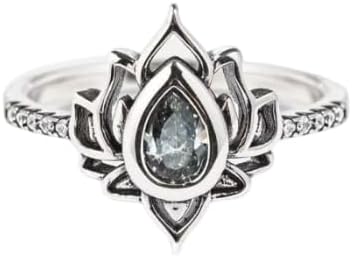 QUSIIOSLK Vintage Handmade Engraved Lotus Ring 925 Sterling Silver Band Water Drop Cut Cubic Zirconia Empowering Ring for Women Natural Blossom Yoga Jewelry Gifts Size 6-10 8