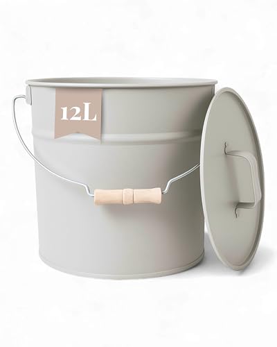 Livlig Premium Cubo para cenizas con tapa 12L Greige, exclusivo cubo galvanizado con tapa para chimeneas modernas, calidad premium de Europa, elegante accesorio para chimenea para el almacenamiento