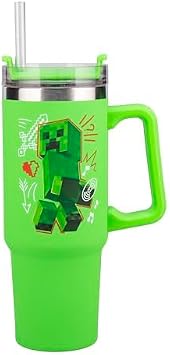 Paladone Minecraft Steve & Creeper 30 oz Green Insulated Cup and Straw, Officially Licensed Tumbler Travel Cup with Handle for Iced Tea or Coffee, Gaming Merchandise