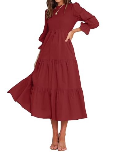 BTFBM Women Casual Long Sleeve Crew Neck Fall Dress Bohemian Relaxed Fit Floral Flowy Maxi Dresses Tiered Cocktail Dress