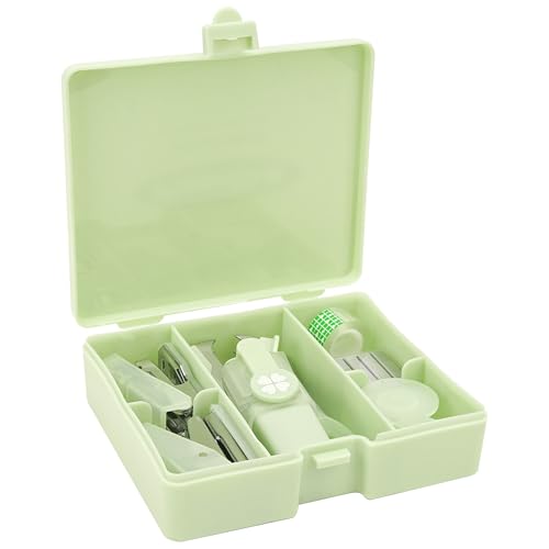 HannaFires 8PCS Office Supplies Kit Set- Mini Size for Portability, Convenient and Efficient Office Work and Gifts, Student, Teacher, School, Back to School, Hole Punch, Portable Stap (Green)