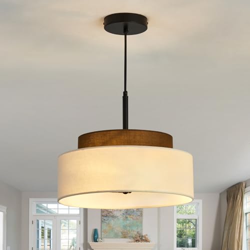 Qgiytp 3-Light Farmhouse Pendant Light Fixture 2-Tier Drum Pendant Lighting with Fabric Shade 13inch...