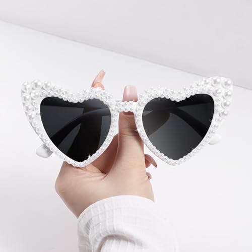Etercycle White Sunglasses, Heart Sunglasses Bachelorette Gifts, Vintage Pearl Heart Glasses For Bachelorette Party Favors