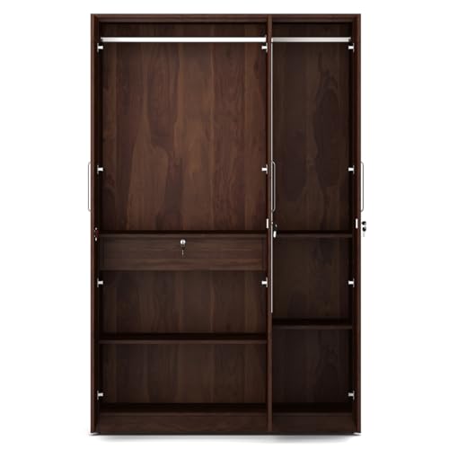 Image of Spacewood Value Wardrobe | 3 Year Warranty | Almirah, Cupboard, Almari, 3 Door Wardrobe with Mirror, 1 Drawer (1 Lock Drawer) and 1 Hanging Space|Engineered Wood| Sheesham
