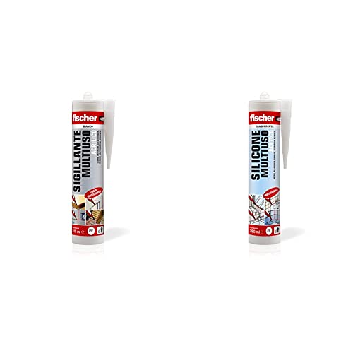 Fischer Sigillante Multiuso Acrilico SA 310 Bianco, Ottimo per Supporti Porosi, Muro, Legno, Cartongesso & Silicone Acetico Multiuso SAM 280 Trasparente, Sigillante Antimuffa per Vetro, Alluminio