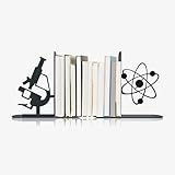 Science Metal Bookends, Atom and Microscope Decor for Bookshelf Home Study Room Science Classroom Decor, Science Gift for Science Teacher Professor Scientist Nerd New Graduate and Friend