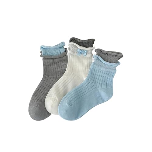 3 Pairs Toddler Ruffle Socks for Girls Little Mid Calf Socks Breathable Bowknot Ankle Sock
