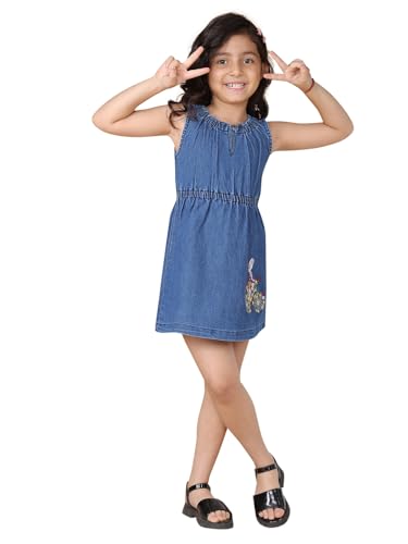Image of superminis Girls Denim Solid Color Half Sleeves Dress with Embroidered Pocket (1 Dress)