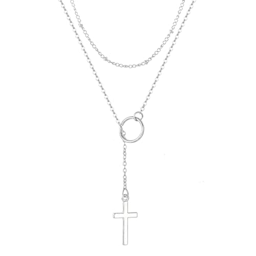 ZDPIQ Cross Necklace for Women Dainty Adjustable Layered Long Y-Shaped Drop Necklaces Trendy Lariat Silver Cross Pendant Necklace Set Fashion Jewelry Gifts (Silver Cross)