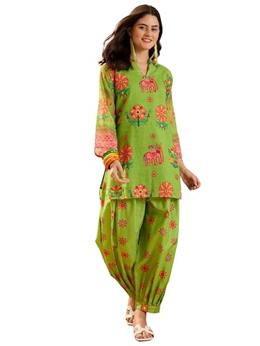 Image of EthnicJunction Women's Linen Floral Print Summer Wear Straight Short Kurti with Afghani Pant Set | Co Ord Set for Women Stylish | Fusion wear Women