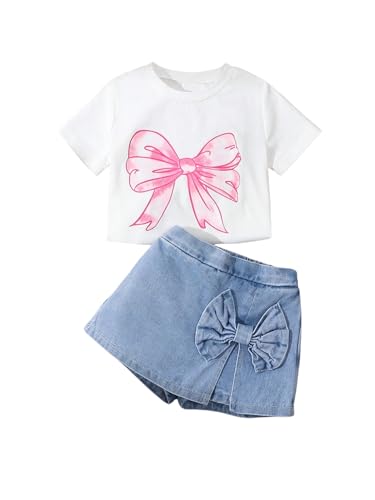 Verdusa Toddler Girl's 2 Piece Bowknot Outfits Summer Graphic Tees