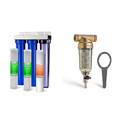 iSpring Whole House Water Filter System w/ 20” x 2.5” Sediment & Carbon Water Filters, Model: WCB32C & WSP-50SL Reusable Whole House Spin Down Sediment Water Filter S, 1" MNPT + 3/4" FNPT, 50 Micron