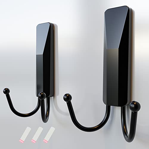 Richer House Black Double Wall Hooks For Hanging, 2 Pack Removable Adhesive Wall Hooks With 3 Strips, Organize Damage-Free Sticky Hooks, Plastic Utility Hooks Heavy Duty For Coat, Towel, Hat, Key #TOP30