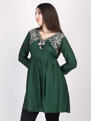 Image of VOMIRA Women Rayon Cotton Short Kurti Embroiderd Straight Kurta Women's Tunic Tops