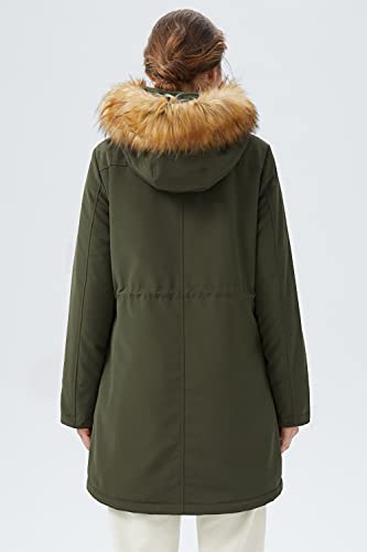 Orolay Damen-Parka mit Dickem Fleece-Futter Wintermantel Kapuzenjacke und Abnehmbarem Pelzkragen Olivgrün S