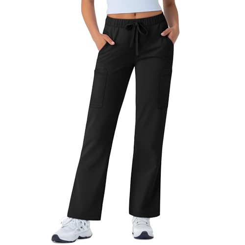 Sweetyweee Women's Scrub Pants Lightweight Straight Leg Cargo Pants with 6 Pockets Drawstring Pull on Jogger Bottoms(Black,Small)
