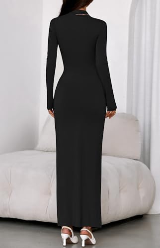 BTFBM Women's Formal Dresses 2025 Fall Long Sleeve Mock Neck Ruched Bodycon Slit Maxi Wedding Guest Cocktail Dress3