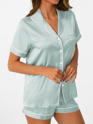 Image of AUTOMET Women Silk Satin Fall Pajama Set Matching Lounge Pjs Button Up Soft 2 Piece Suit Ladies Tops and Shorts