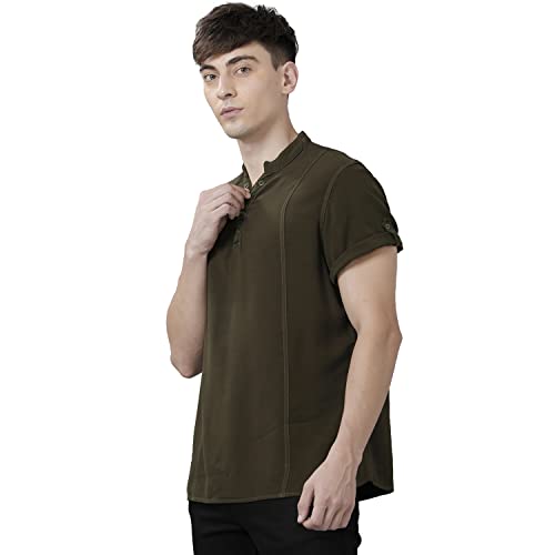 Image of Identiti Men's Cotton Solid Full Sleeve Slim Fit Shirt with Mandarin Collar