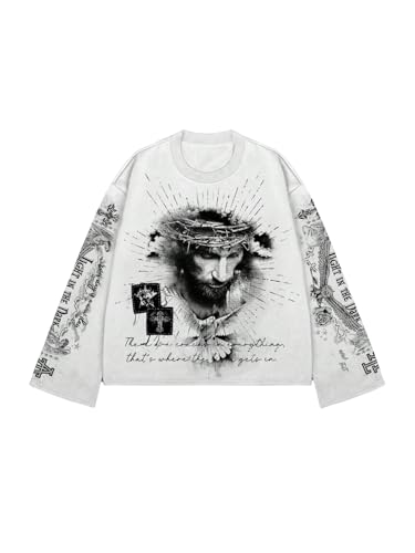 SOLY HUX Men's Goth Graphic Tees Grunge Jesus Long Sleeve Shirts Crew Neck Hip Hop Tops Streetwear