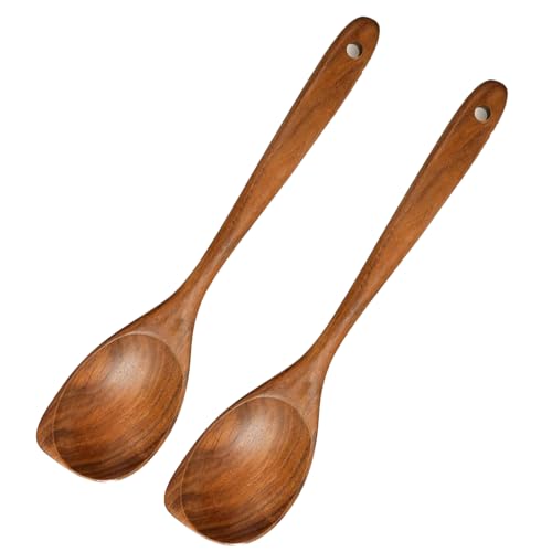 2Pcs Wooden Spoon for Cooking, Heat Resistant Wooden Spoons Cooking Utensils, Natural Premium Teak Wooden Spoon Set, Good Grip Wooden Spatula, Non Stick Kitchen Utensil