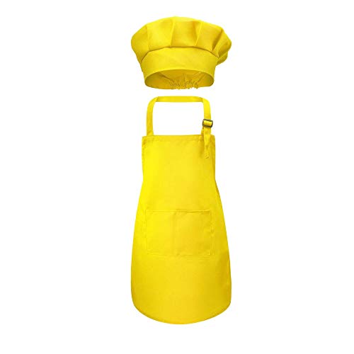Mein HERZ Delantal Infantil + Gorro de Cocinero Infantil,Delantal de Cocina Infantil Delantales Infantiles,NiñOs Cocinando o Hecho a Mano/Ropa de Dibujo para NiñOs De Kindergarten (Amarillo Claro)