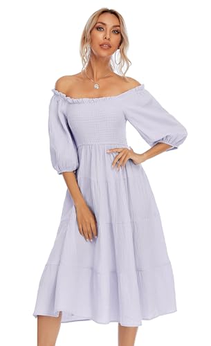 Image of R.Vivimos Women's Summer Cotton Lantern Sleeves Ruffled Off Shoulder A-Line Midi Dresses