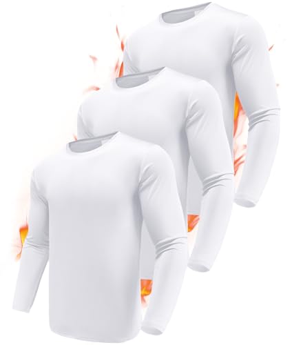 Boyzn 3 Pack White Long Sleeve Shirts for Men - Mens Long Sleeve Tee Shirts, Fleece Lined Thermal T-Shirts for Men Undershirts Workout Running Athletic Base Layer 3P12-White-L